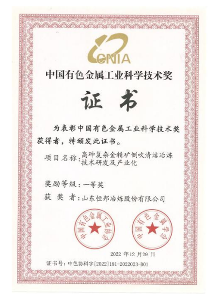 中国有色91视频你懂的工业科学技术奖一等奖